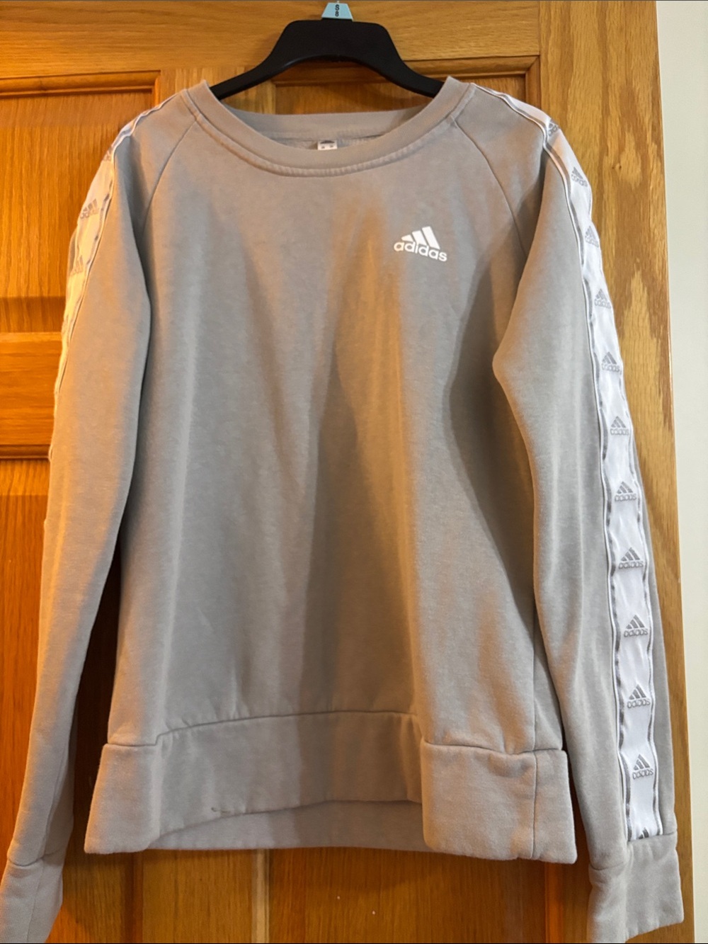 adidas Light Gray Pullover Sweatshirt with Logo Tape Sleeves